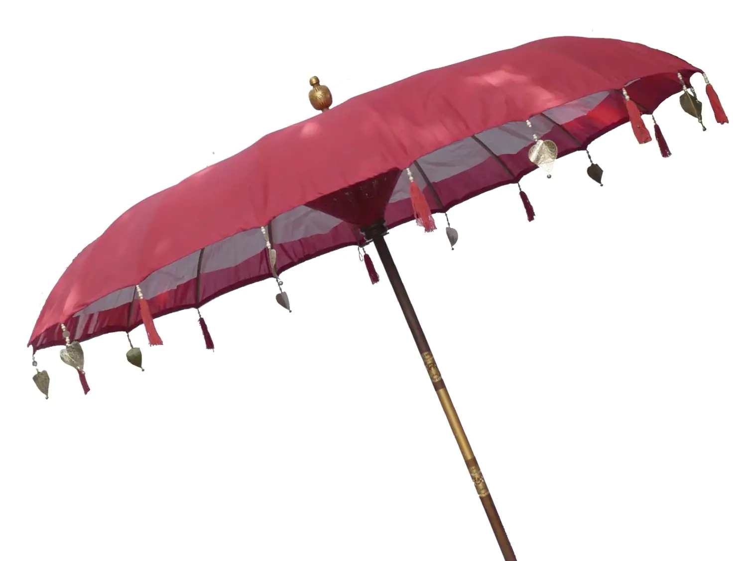  Product image 2 of the product “Bali umbrella , red with wooden coins and gold leaves hanging around the edge. Approx. 230cm dia. and 250cm height ”